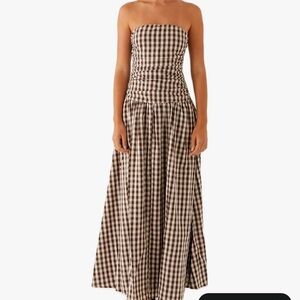 Brown Gingham Strapless Dress